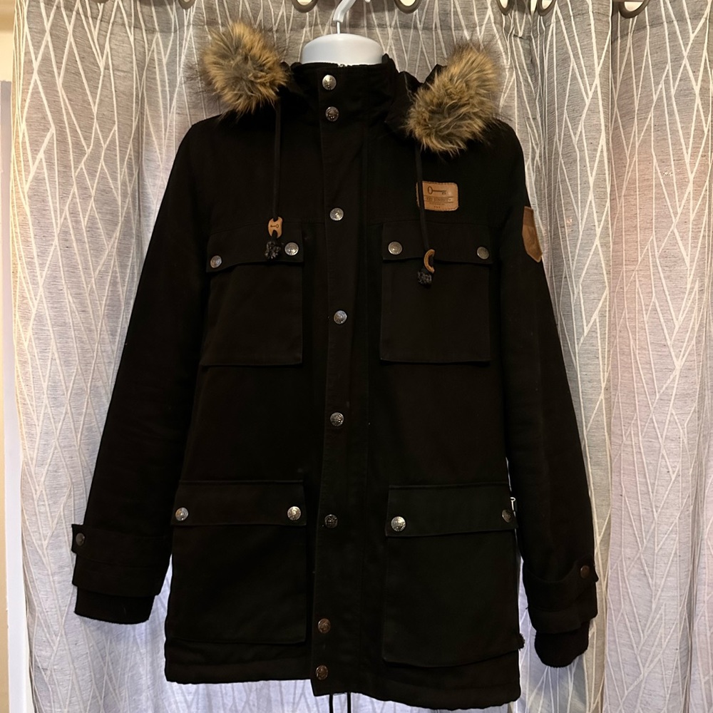 Key Street Black Fur Trimmed Removable Hood Winter Parka with Lots of Pockets